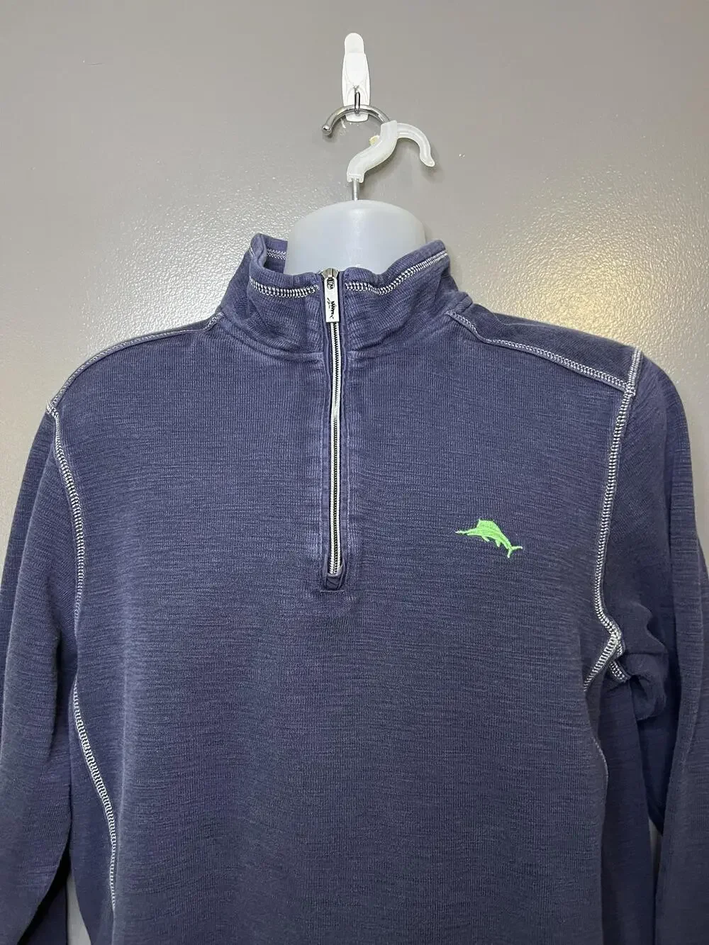 Tommy Bahama Sweatshirt Mens Large Blue 1/4 Zip Knit Pullover Mock Neck Logo